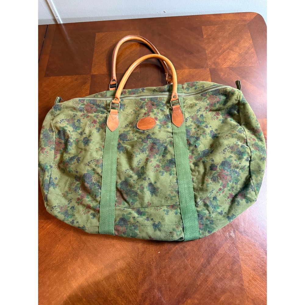 Vintage Gap Floral Canvas Duffle Bag Green Tapestry Weekend Travel Leather Trim
